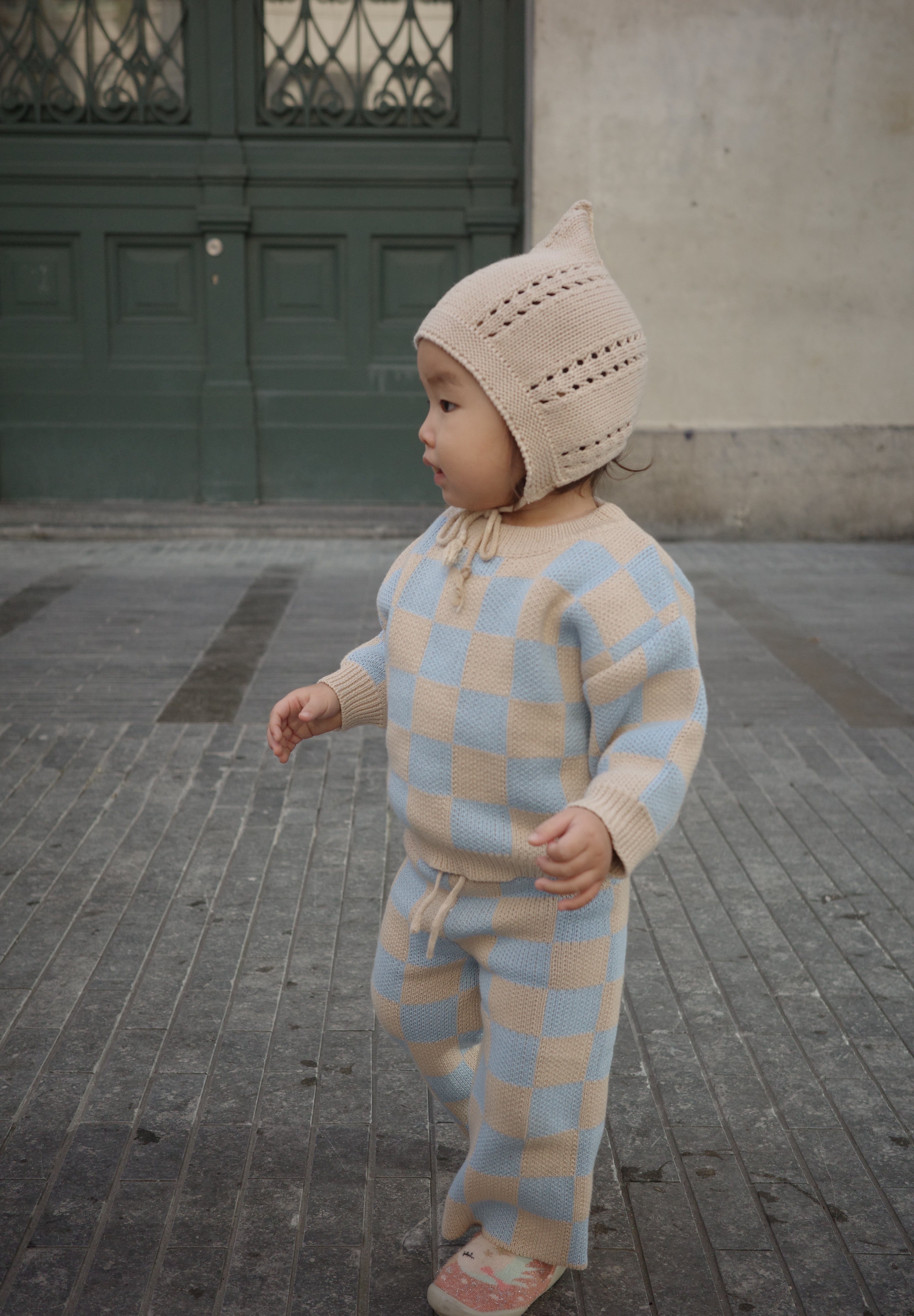 Ensemble deux pièces à carreaux en maille - Ciel
