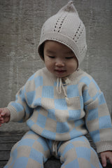 Ensemble deux pièces à carreaux en maille - Ciel