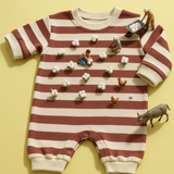 Flatlay unisex baby bodysuits in cotton: chestnut striped